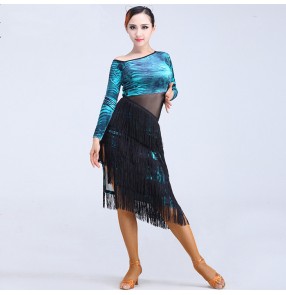 Blue leopard turquoise printed long sleeves hollow waist fringes tassels competition women's stage performance professional latin ballroom dance dresses outfits for ladies